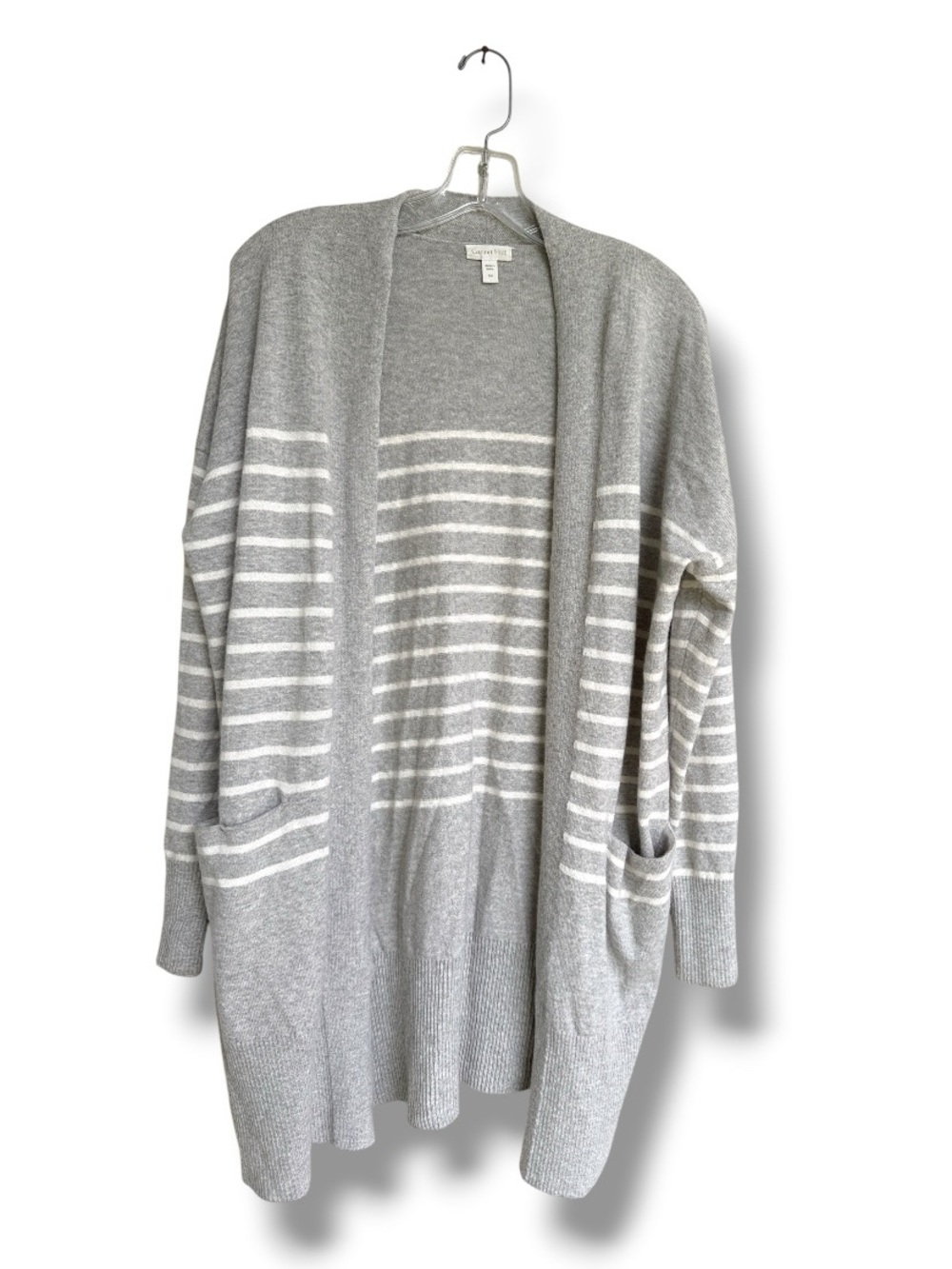 Garnet Hill Gray/White Striped Long Cardigan in Merino Wool/Cotton Knit Size XS - Picture 8 of 13